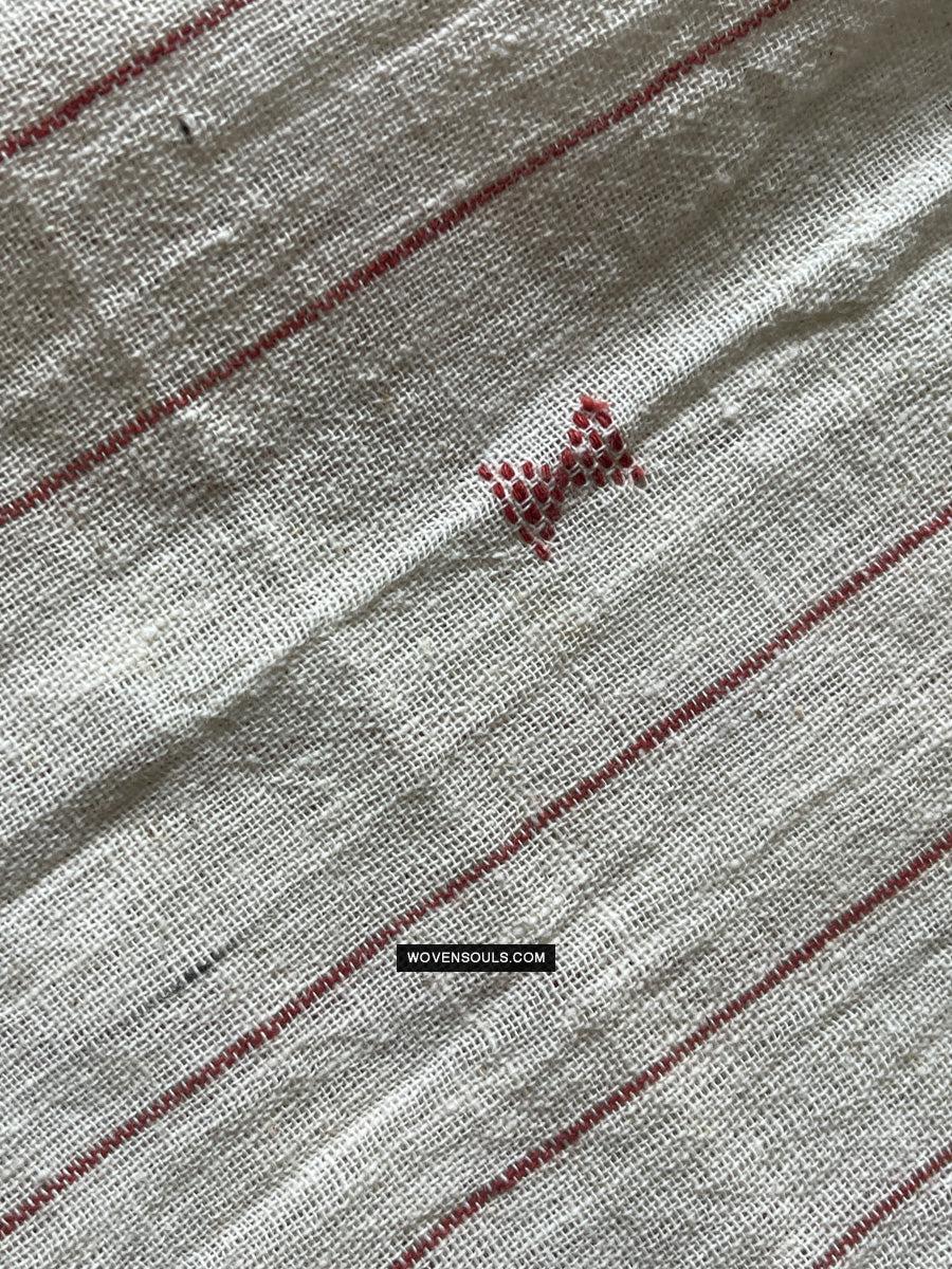 1707 White Handloom Cotton Stole with Geometric Weave-WOVENSOULS Antique Textiles &amp; Art Gallery