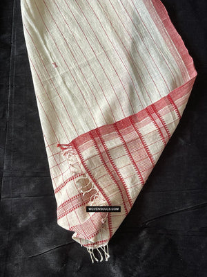 1707 White Handloom Cotton Stole with Geometric Weave-WOVENSOULS Antique Textiles &amp; Art Gallery