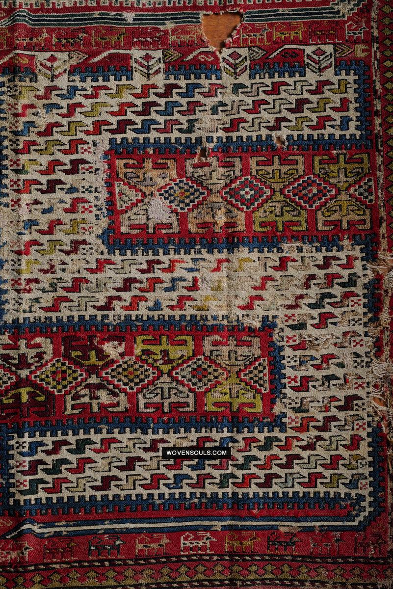 1713 Antique Caucasian Zoomorphic Zileh / Sileh Embroidered Flatweave Soumac Rug-WOVENSOULS Antique Textiles &amp; Art Gallery