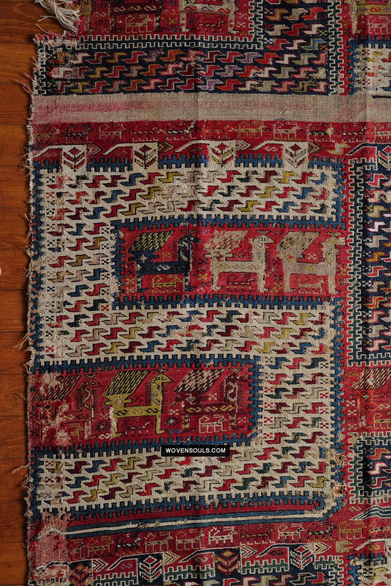 1713 Antique Caucasian Zoomorphic Zileh / Sileh Embroidered Flatweave Soumac Rug-WOVENSOULS Antique Textiles &amp; Art Gallery