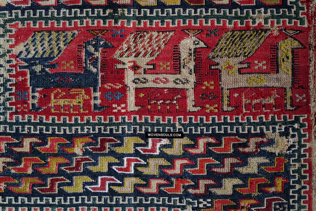 1713 Antique Caucasian Zoomorphic Zileh / Sileh Embroidered Flatweave Soumac Rug-WOVENSOULS Antique Textiles &amp; Art Gallery