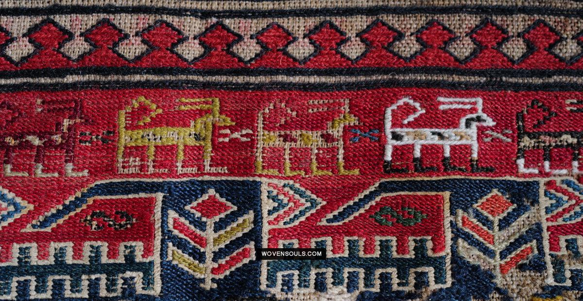 1713 Antique Caucasian Zoomorphic Zileh / Sileh Embroidered Flatweave Soumac Rug-WOVENSOULS Antique Textiles &amp; Art Gallery