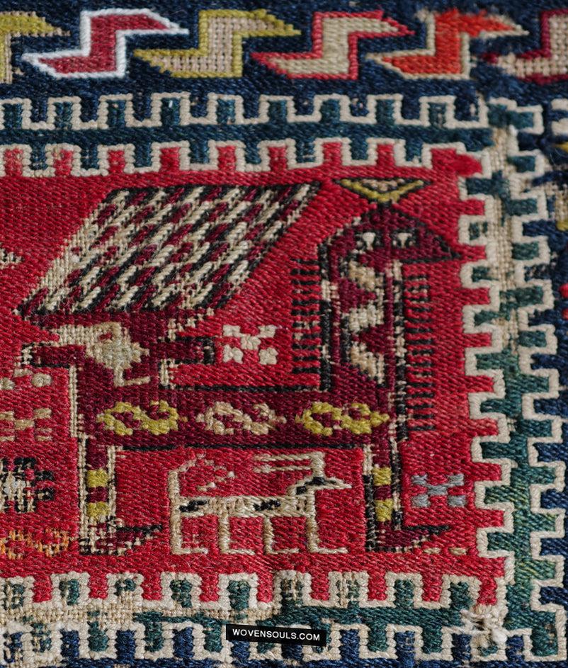 1713 Antique Caucasian Zoomorphic Zileh / Sileh Embroidered Flatweave Soumac Rug-WOVENSOULS Antique Textiles &amp; Art Gallery