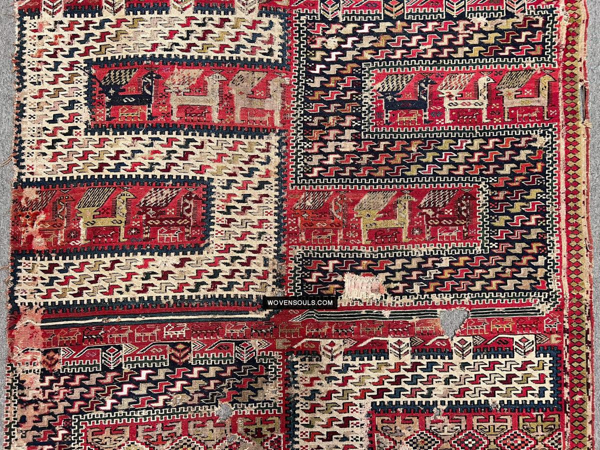 1713 Antique Caucasian Zoomorphic Zileh / Sileh Embroidered Flatweave Soumac Rug-WOVENSOULS Antique Textiles &amp; Art Gallery