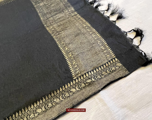 1726 Black Banarasi Silk Stole Scarf-WOVENSOULS Antique Textiles & Art Gallery
