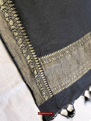 1726 Black Banarasi Silk Stole Scarf-WOVENSOULS Antique Textiles &amp; Art Gallery