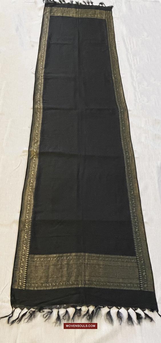 1726 Black Banarasi Silk Stole Scarf-WOVENSOULS Antique Textiles &amp; Art Gallery