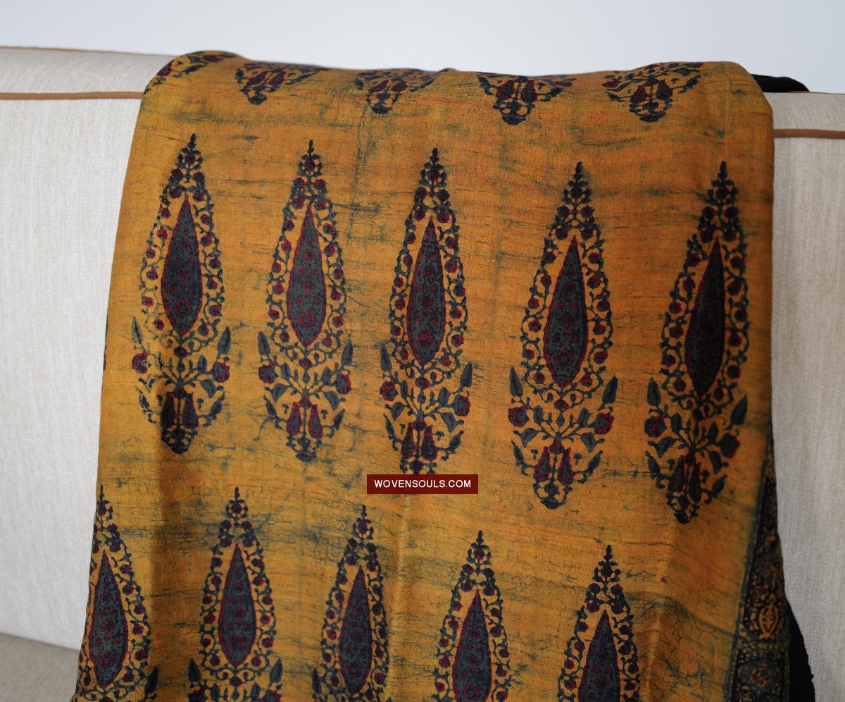 1732 Hand Block Printed Yellow Silk Shawl w Natural Dyes-WOVENSOULS Antique Textiles &amp; Art Gallery