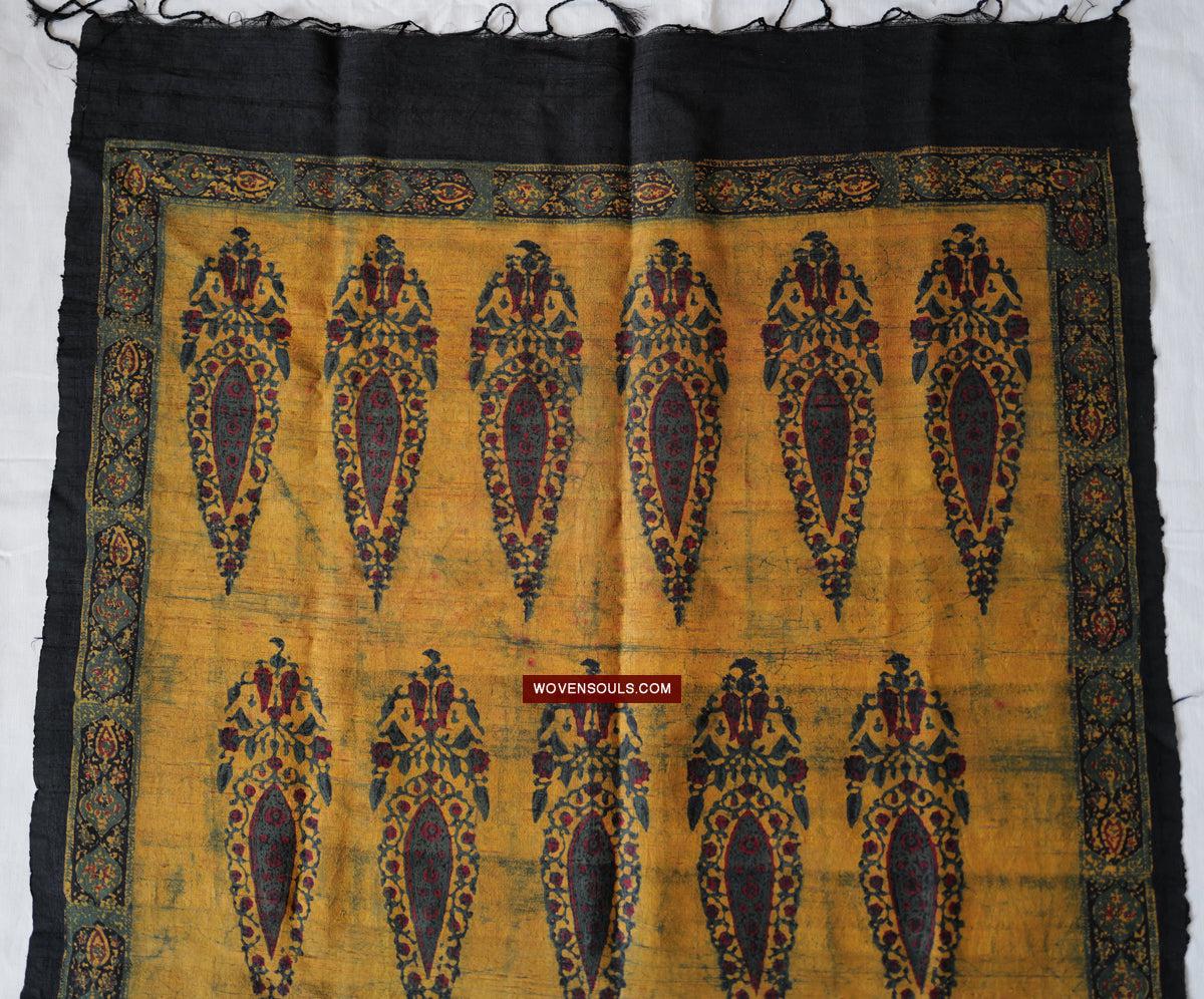 1732 Hand Block Printed Yellow Silk Shawl w Natural Dyes-WOVENSOULS Antique Textiles &amp; Art Gallery