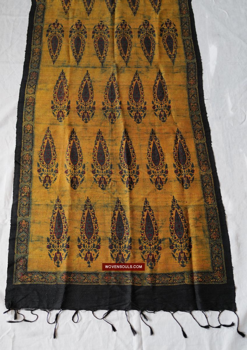 1732 Hand Block Printed Yellow Silk Shawl w Natural Dyes-WOVENSOULS Antique Textiles &amp; Art Gallery