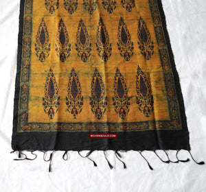 1732 Hand Block Printed Yellow Silk Shawl w Natural Dyes-WOVENSOULS Antique Textiles &amp; Art Gallery