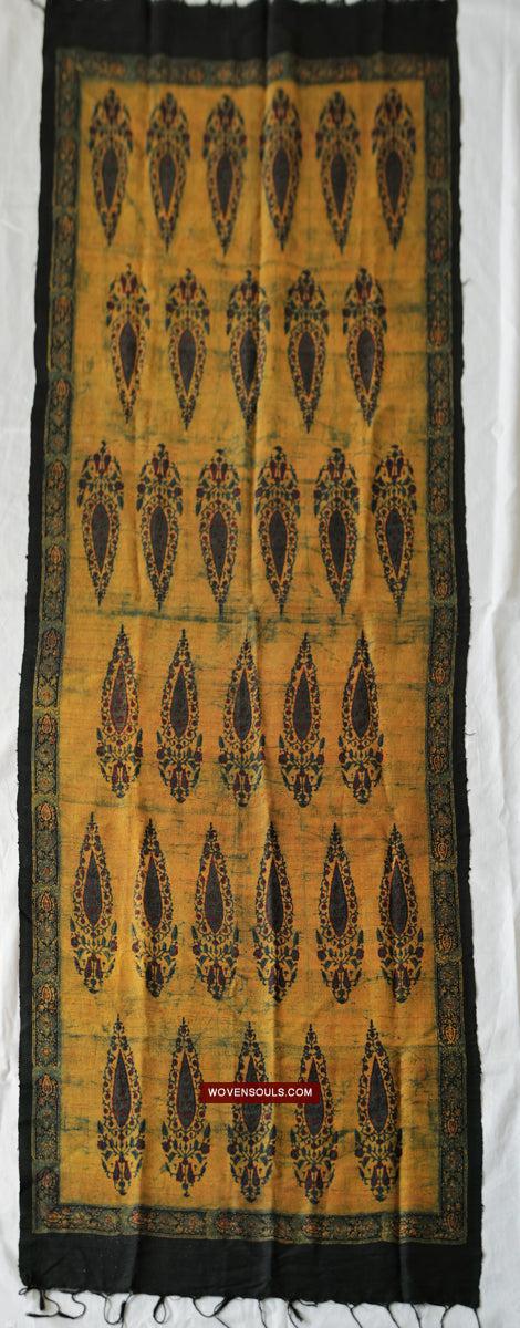 1732 Hand Block Printed Yellow Silk Shawl w Natural Dyes-WOVENSOULS Antique Textiles &amp; Art Gallery