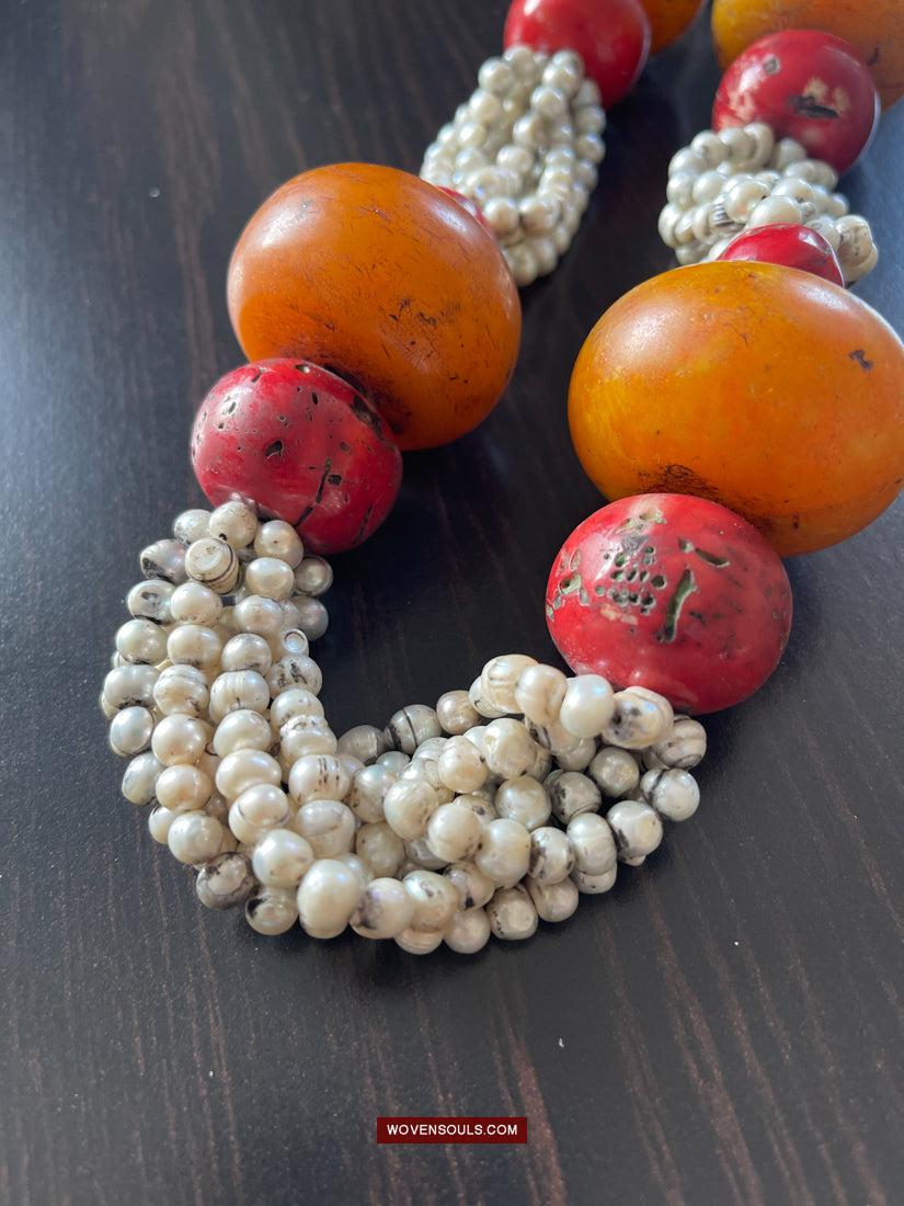 Mother of Pearl, Coral, & Jade Necklace - Vintage Renude
