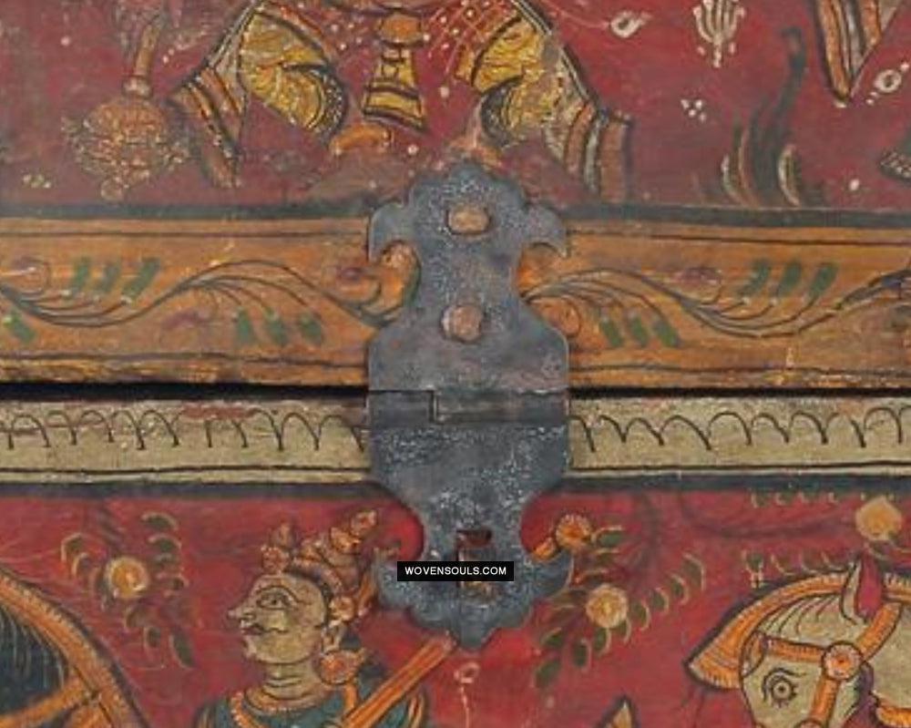 1760 Old Wood Chest w Krishna Paintings - Odisha-WOVENSOULS Antique Textiles &amp; Art Gallery