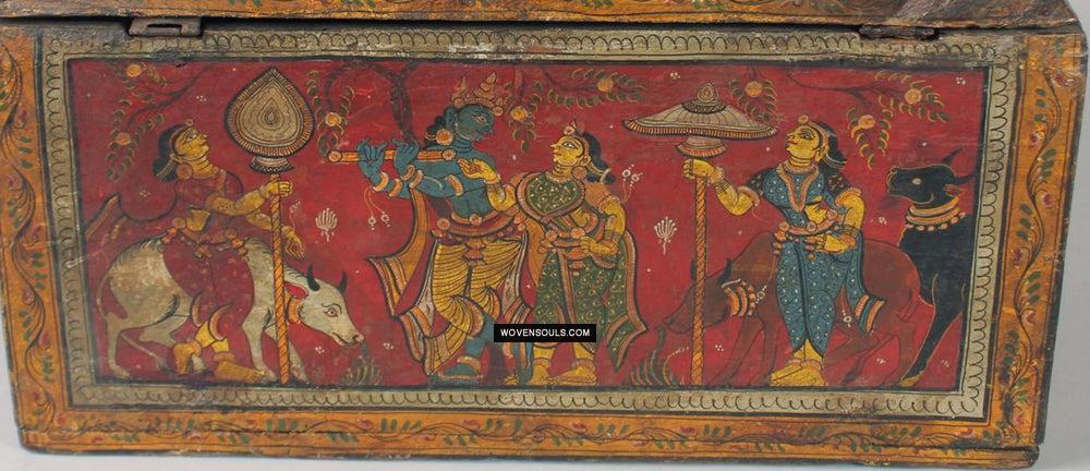 1760 Old Wood Chest w Krishna Paintings - Odisha-WOVENSOULS Antique Textiles &amp; Art Gallery