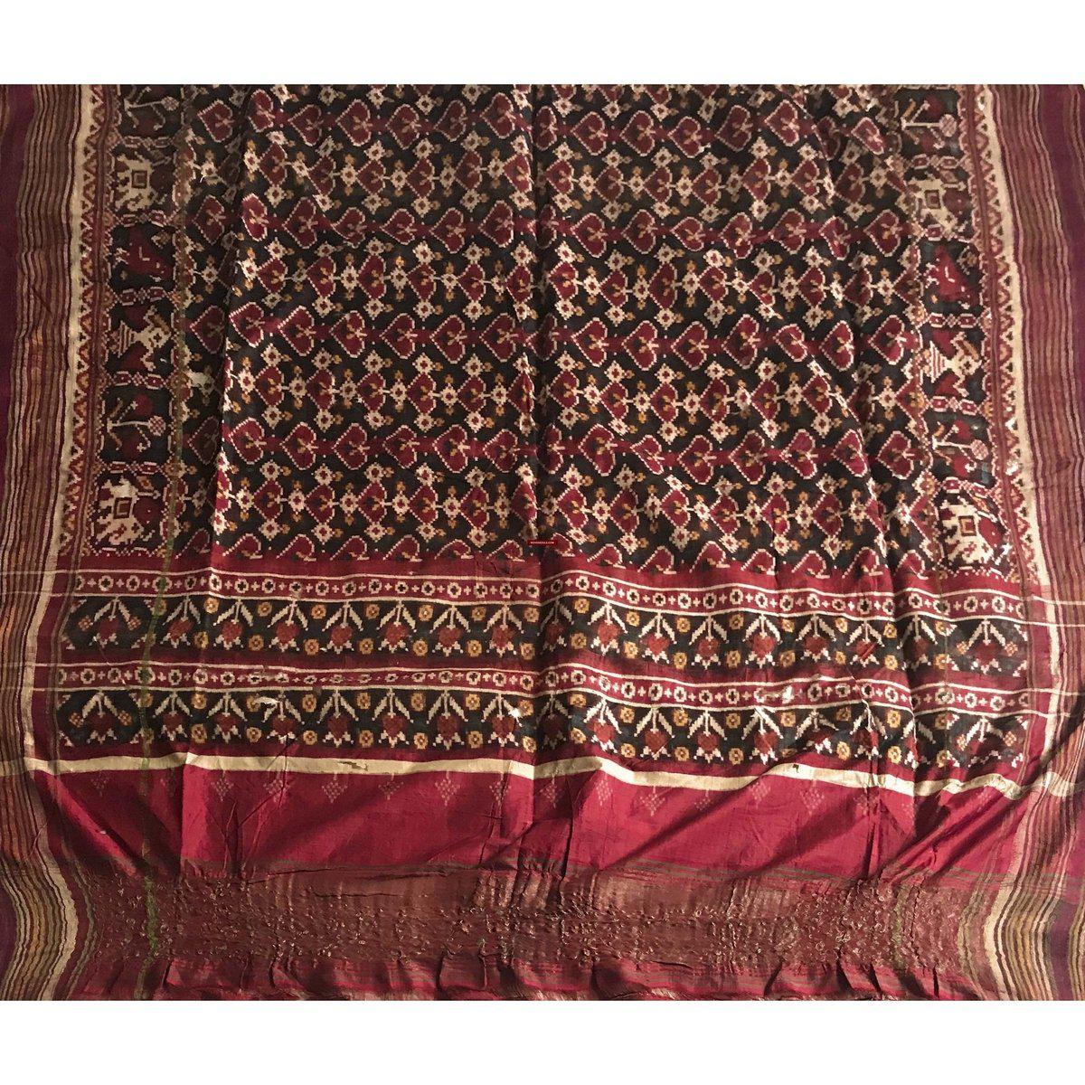 196 SOLD - RARE Old Weaver's Heirloom Patan Patola Double Ikat Sari Fragment with Zari-WOVENSOULS-Antique-Vintage-Textiles-Art-Decor