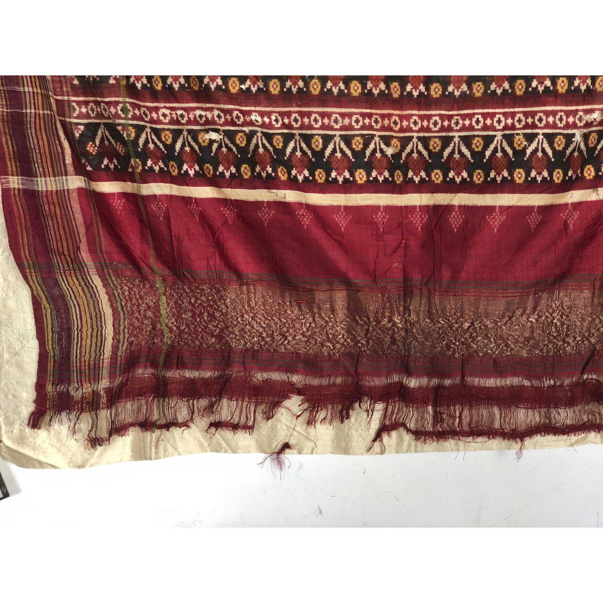 196 SOLD - RARE Old Weaver's Heirloom Patan Patola Double Ikat Sari Fragment with Zari-WOVENSOULS-Antique-Vintage-Textiles-Art-Decor