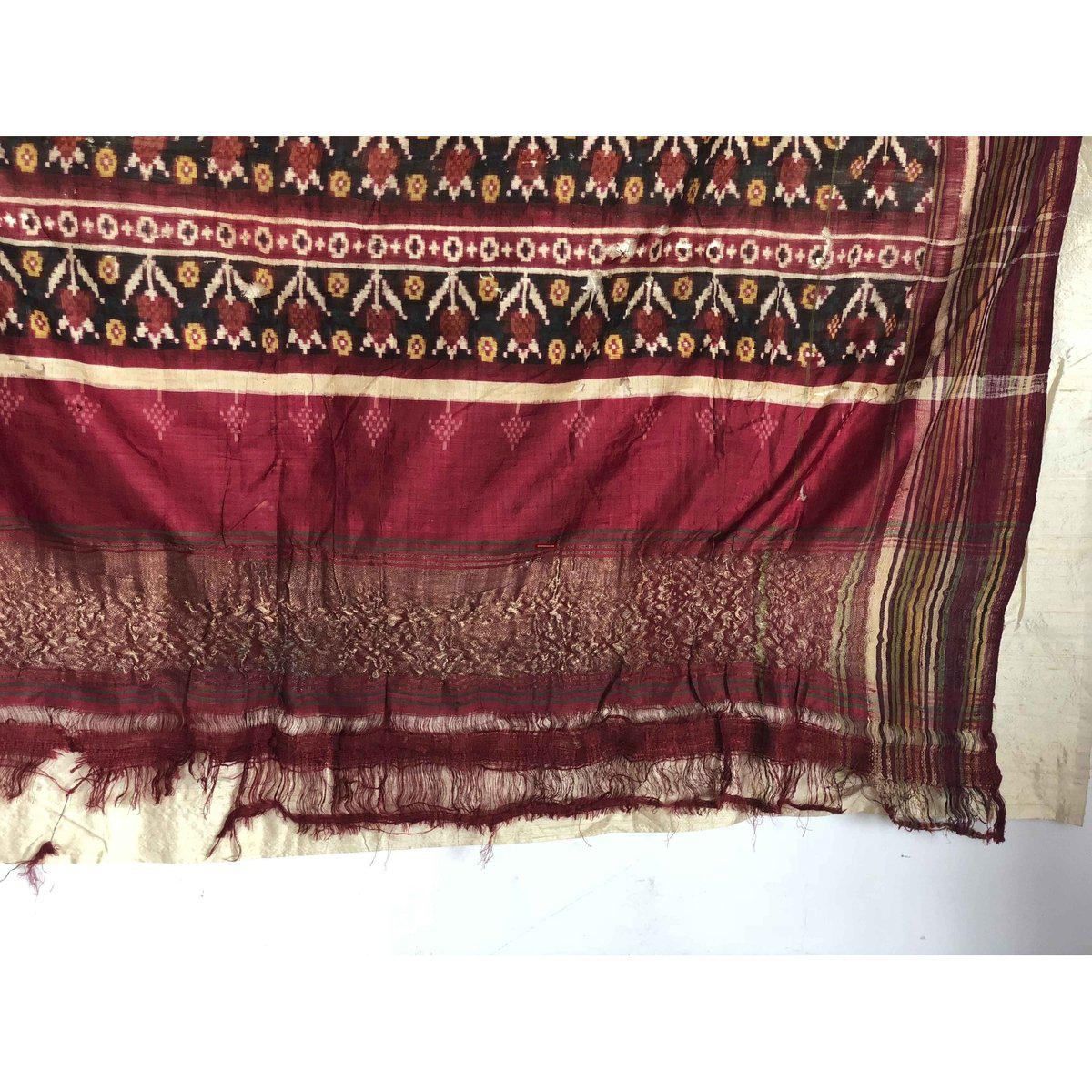 196 SOLD - RARE Old Weaver's Heirloom Patan Patola Double Ikat Sari Fragment with Zari-WOVENSOULS-Antique-Vintage-Textiles-Art-Decor