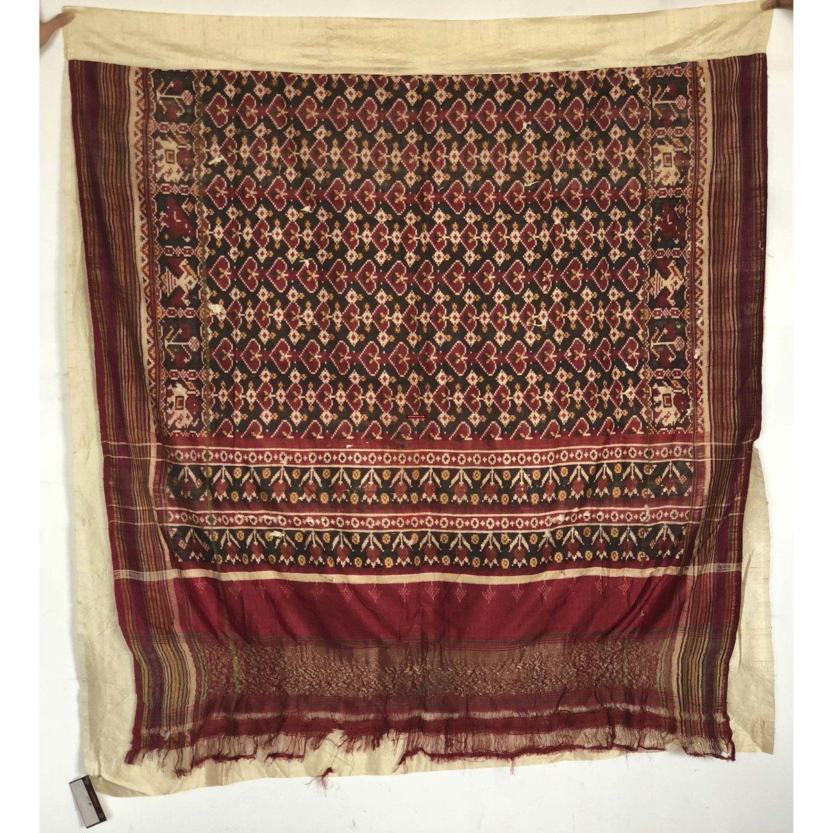 196 SOLD - RARE Old Weaver's Heirloom Patan Patola Double Ikat Sari Fragment with Zari-WOVENSOULS-Antique-Vintage-Textiles-Art-Decor