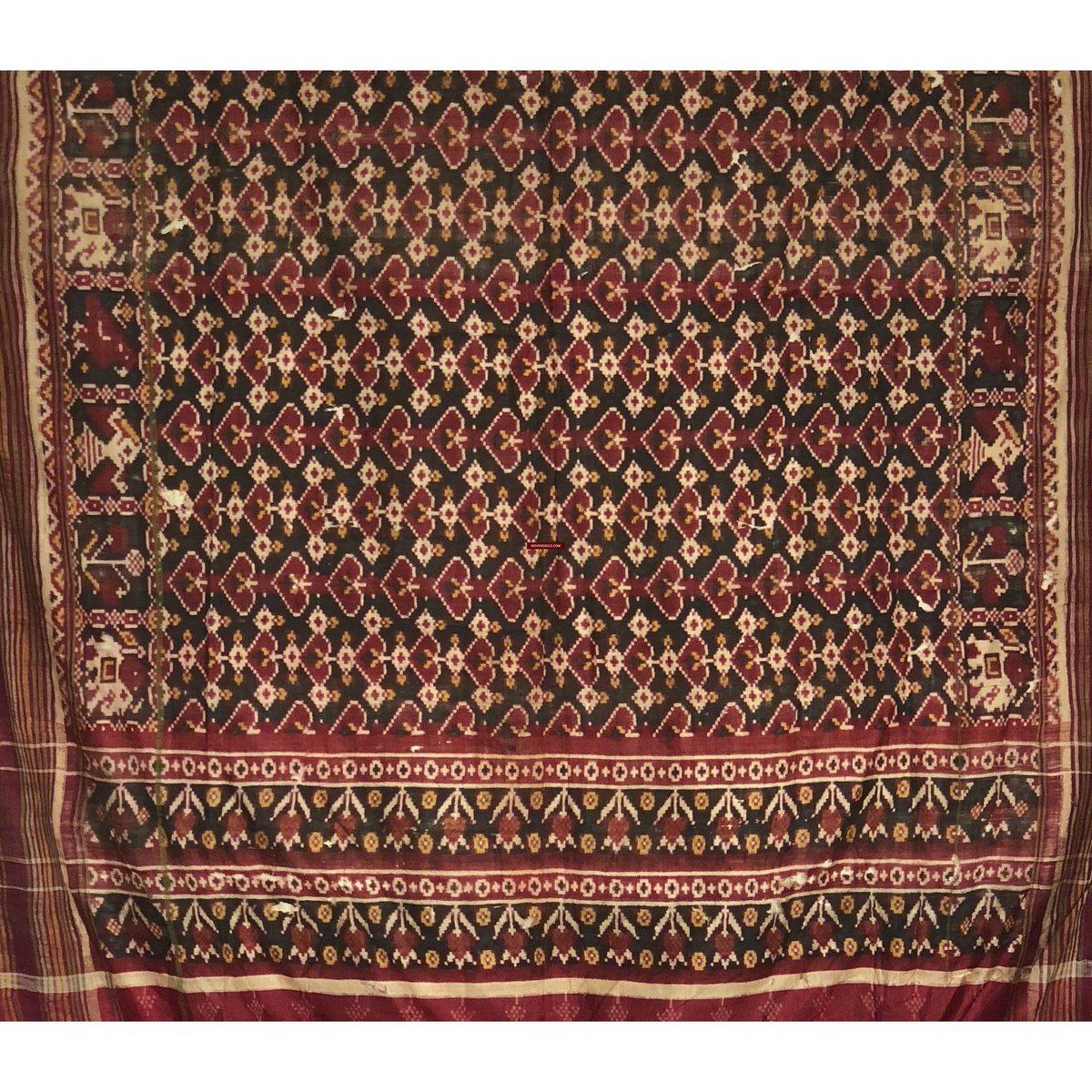 196 SOLD - RARE Old Weaver's Heirloom Patan Patola Double Ikat Sari Fragment with Zari-WOVENSOULS-Antique-Vintage-Textiles-Art-Decor