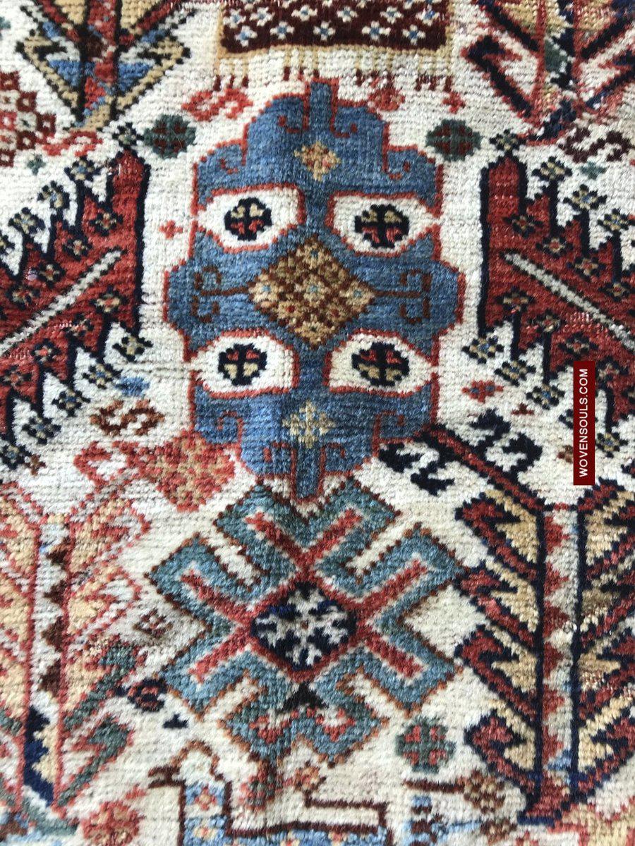 1540 Antique White Field Shekarlou Shekarlu Qashqai Rug with Animals in the Border - NFS-WOVENSOULS-Antique-Vintage-Textiles-Art-Decor