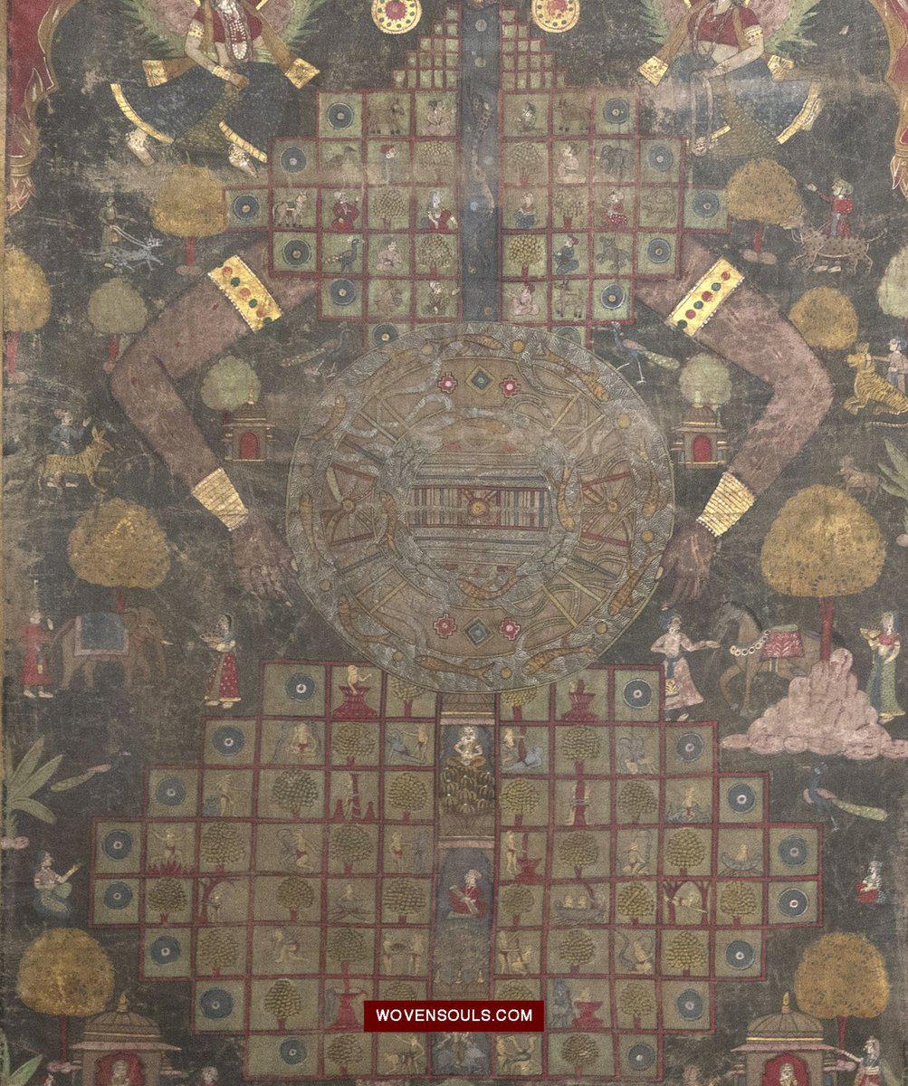 507 SOLD Old Jain Pichvai Painting w Lok Purush & Jambudwip Cosmology Icons-WOVENSOULS-Antique-Vintage-Textiles-Art-Decor