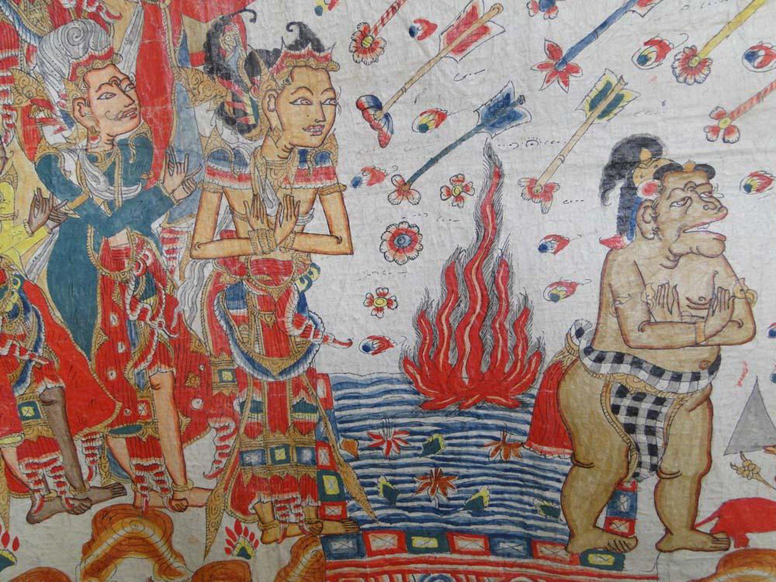 570 Large Antique Balinese Ramayan Painting Folk Art-WOVENSOULS-Antique-Vintage-Textiles-Art-Decor