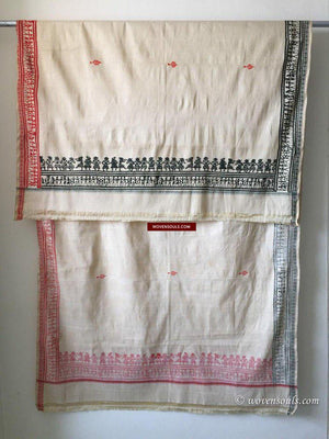 5713 Hand Printed Silk Shawl with Warli Motifs - Recently Made-WOVENSOULS-Antique-Vintage-Textiles-Art-Decor