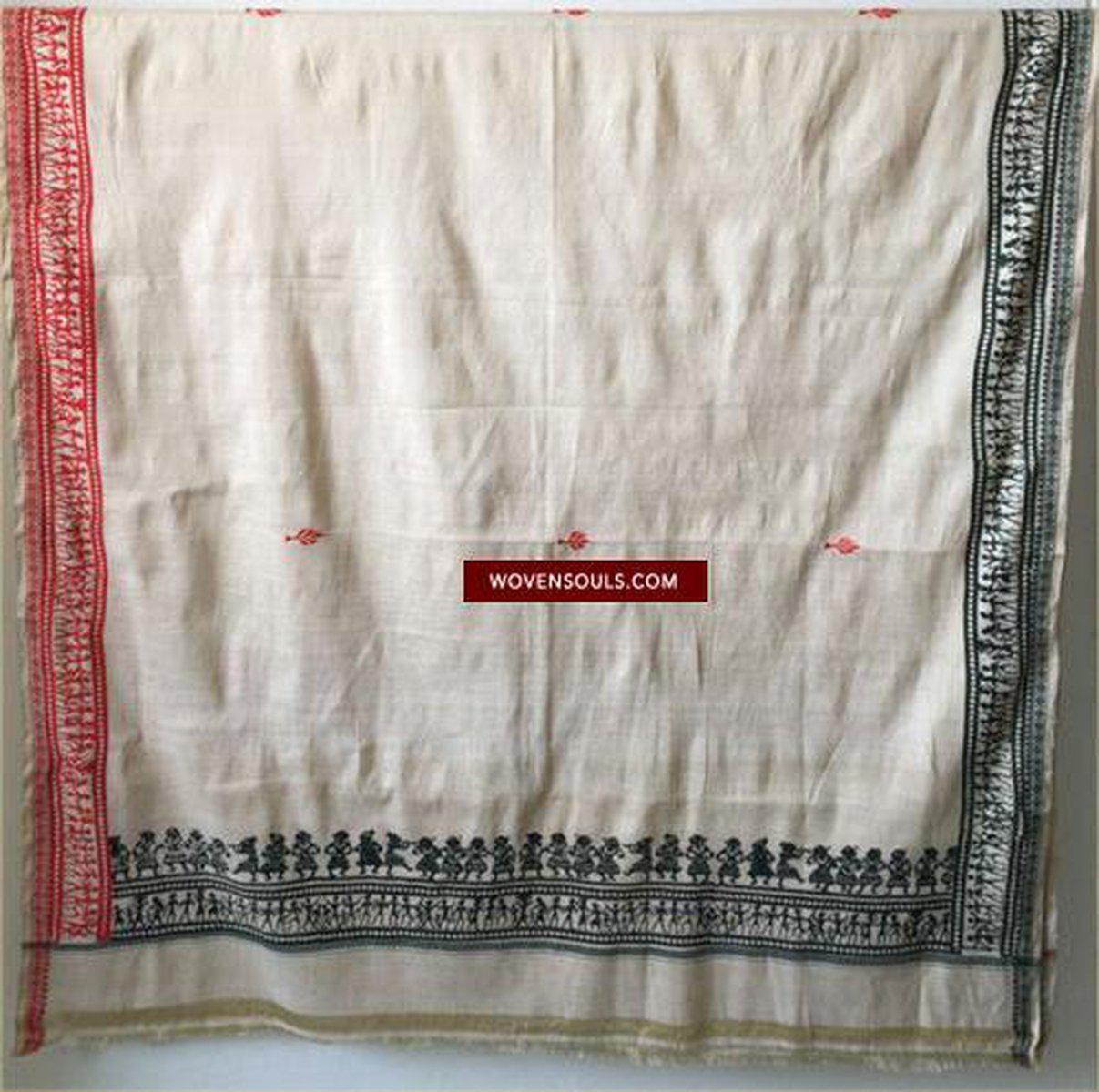 5713 Hand Printed Silk Shawl with Warli Motifs - Recently Made-WOVENSOULS-Antique-Vintage-Textiles-Art-Decor