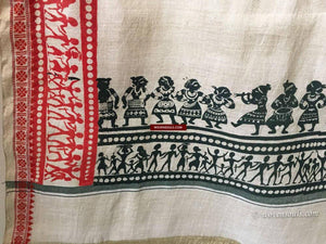 5713 Hand Printed Silk Shawl with Warli Motifs - Recently Made-WOVENSOULS-Antique-Vintage-Textiles-Art-Decor