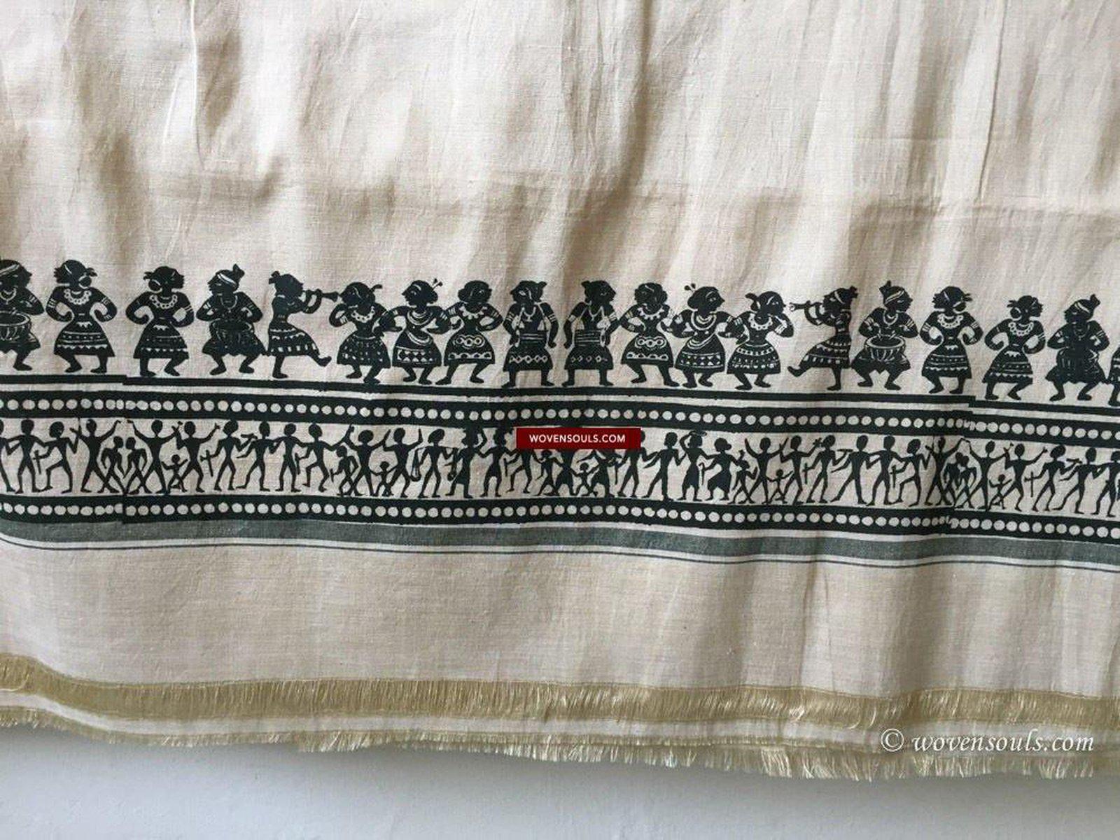 5713 Hand Printed Silk Shawl with Warli Motifs - Recently Made-WOVENSOULS-Antique-Vintage-Textiles-Art-Decor