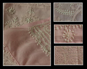 5726 SOLD- Old Chikan Hand Embroidery Fragment Baby Pink Cotton-WOVENSOULS-Antique-Vintage-Textiles-Art-Decor