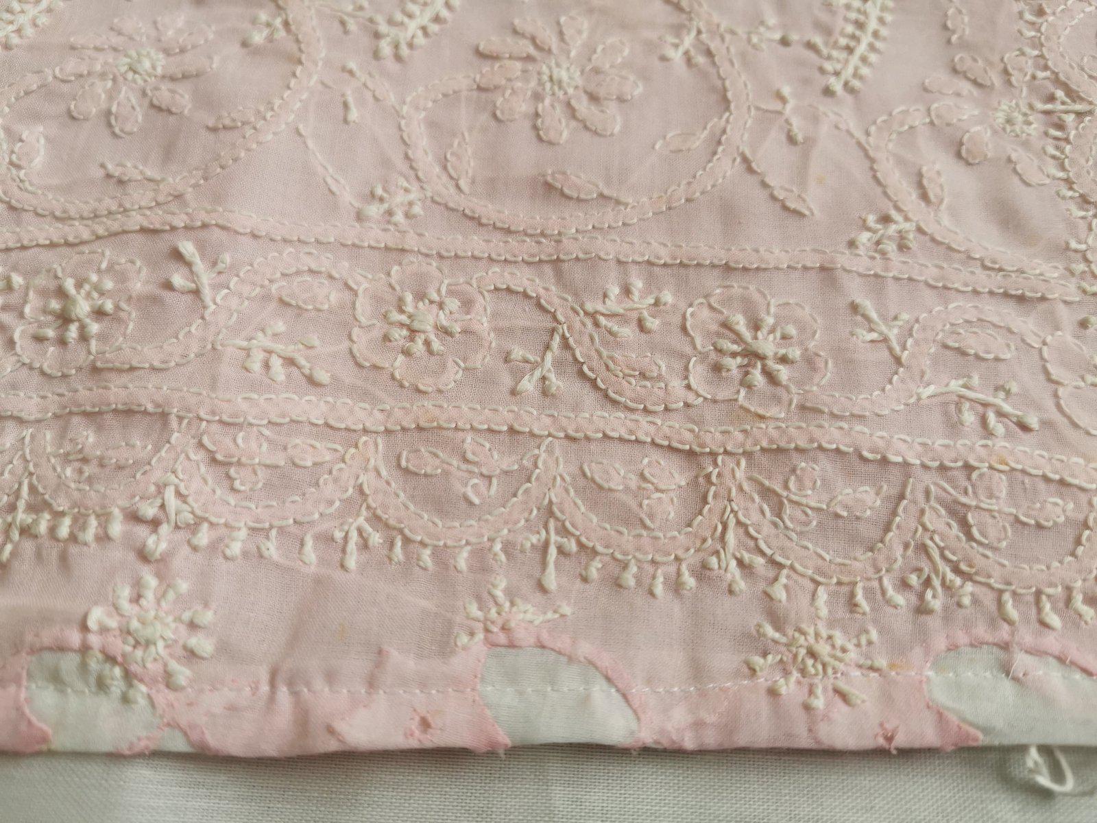 5726 SOLD- Old Chikan Hand Embroidery Fragment Baby Pink Cotton-WOVENSOULS-Antique-Vintage-Textiles-Art-Decor