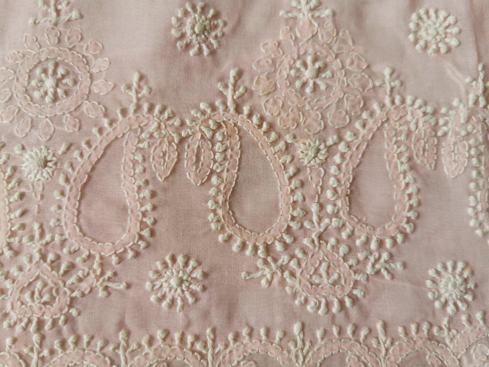 5726 SOLD- Old Chikan Hand Embroidery Fragment Baby Pink Cotton-WOVENSOULS-Antique-Vintage-Textiles-Art-Decor