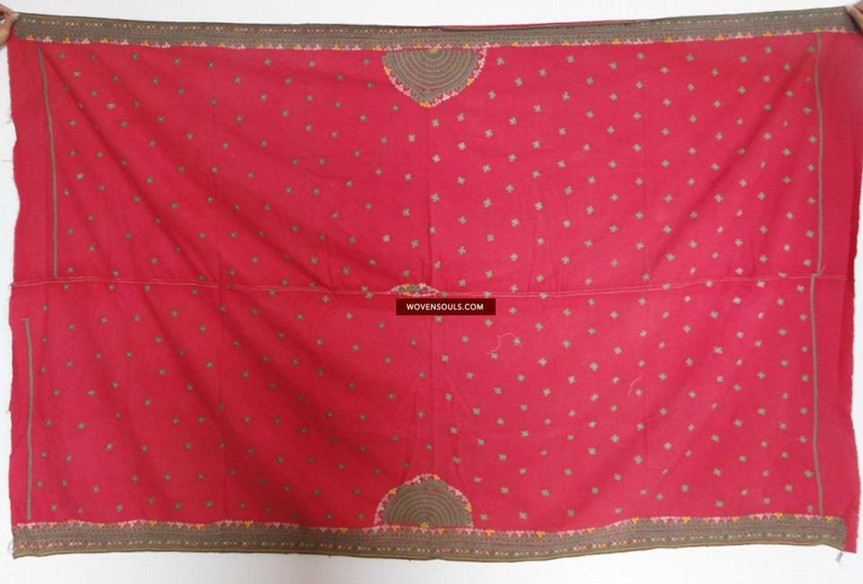 614 Old Red Sindh Odhana Abochani Shawl with Cotton Embroidery on Coarse Cotton-WOVENSOULS-Antique-Vintage-Textiles-Art-Decor