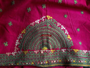614 Old Red Sindh Odhana Abochani Shawl with Cotton Embroidery on Coarse Cotton-WOVENSOULS-Antique-Vintage-Textiles-Art-Decor
