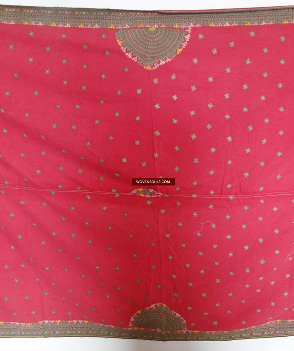 614 Old Red Sindh Odhana Abochani Shawl with Cotton Embroidery on Coarse Cotton-WOVENSOULS-Antique-Vintage-Textiles-Art-Decor