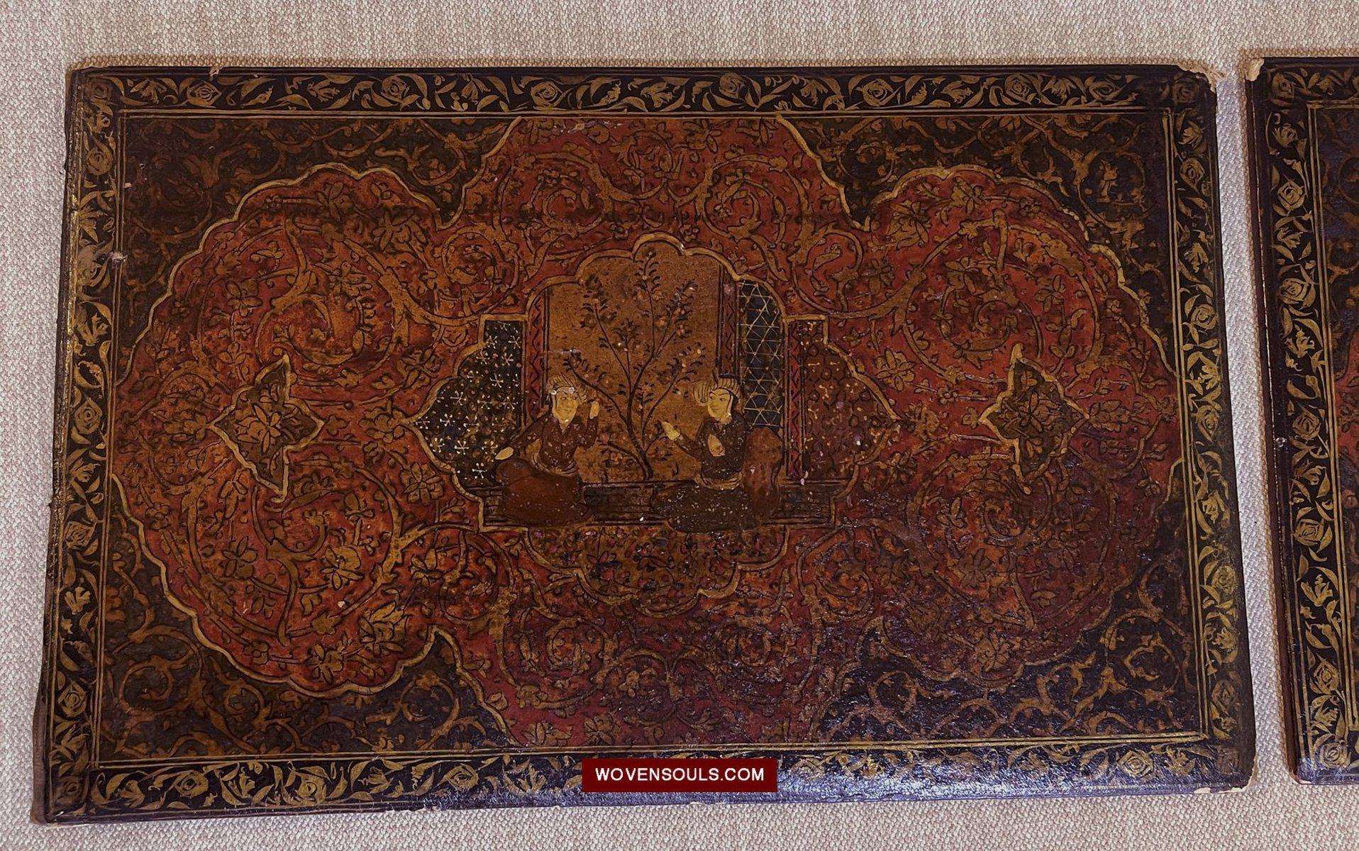 634 Pair of Large Antique Qajar Persian Lacquered Manuscript Book Cover Bindings-WOVENSOULS-Antique-Vintage-Textiles-Art-Decor