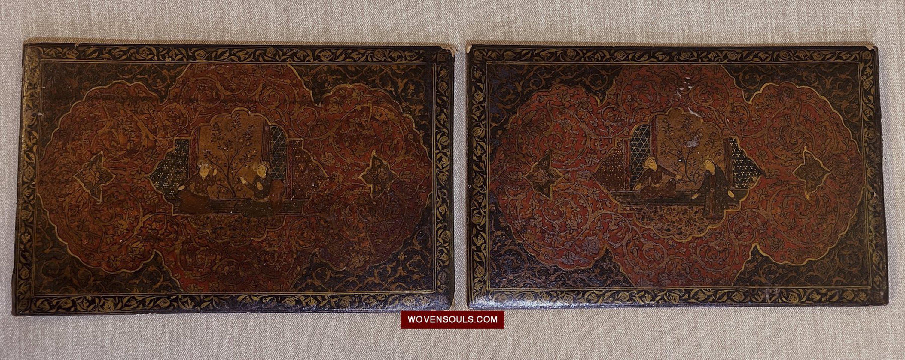 634 Pair of Large Antique Qajar Persian Lacquered Manuscript Book Cover Bindings-WOVENSOULS-Antique-Vintage-Textiles-Art-Decor