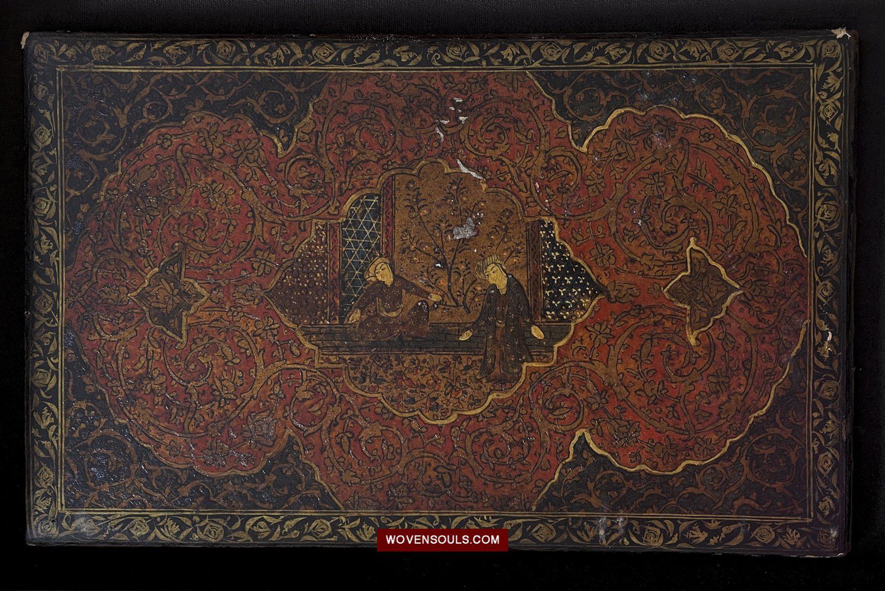 634 Pair of Large Antique Qajar Persian Lacquered Manuscript Book Cover Bindings-WOVENSOULS-Antique-Vintage-Textiles-Art-Decor