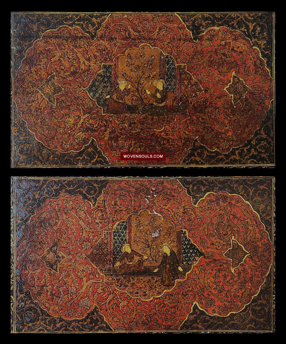 634 Pair of Large Antique Qajar Persian Lacquered Manuscript Book Cover Bindings-WOVENSOULS-Antique-Vintage-Textiles-Art-Decor