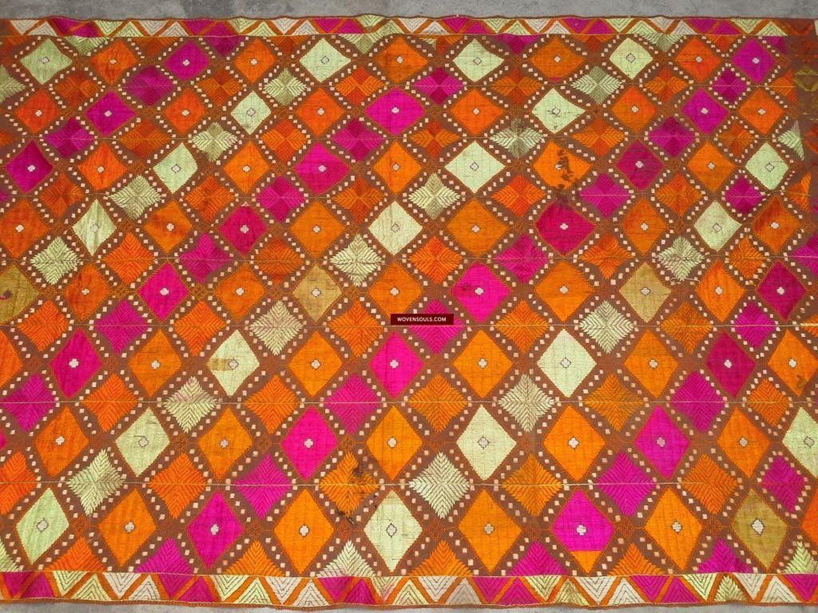 640 Old Wedding Shawl Diamond Bagh Phulkari Indian Textile Punjab-WOVENSOULS-Antique-Vintage-Textiles-Art-Decor