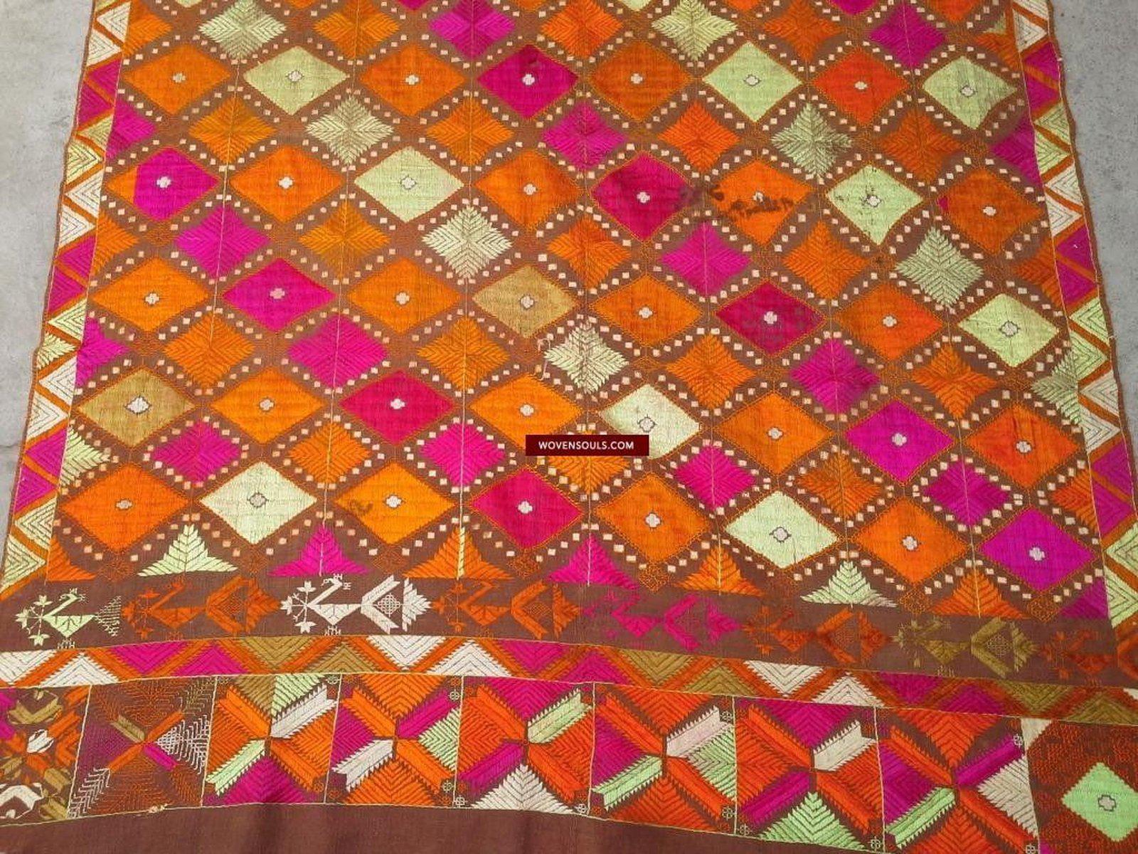 640 Old Wedding Shawl Diamond Bagh Phulkari Indian Textile Punjab-WOVENSOULS-Antique-Vintage-Textiles-Art-Decor