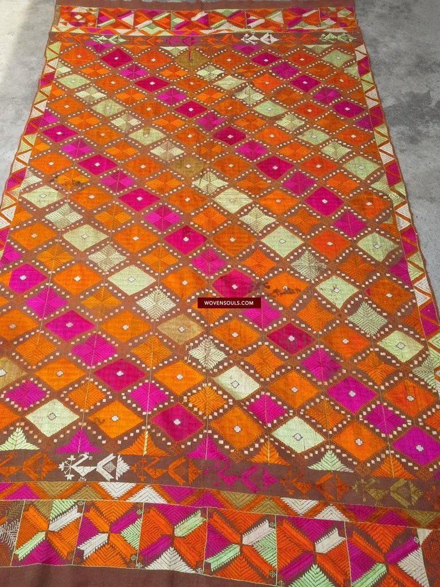 640 Old Wedding Shawl Diamond Bagh Phulkari Indian Textile Punjab-WOVENSOULS-Antique-Vintage-Textiles-Art-Decor