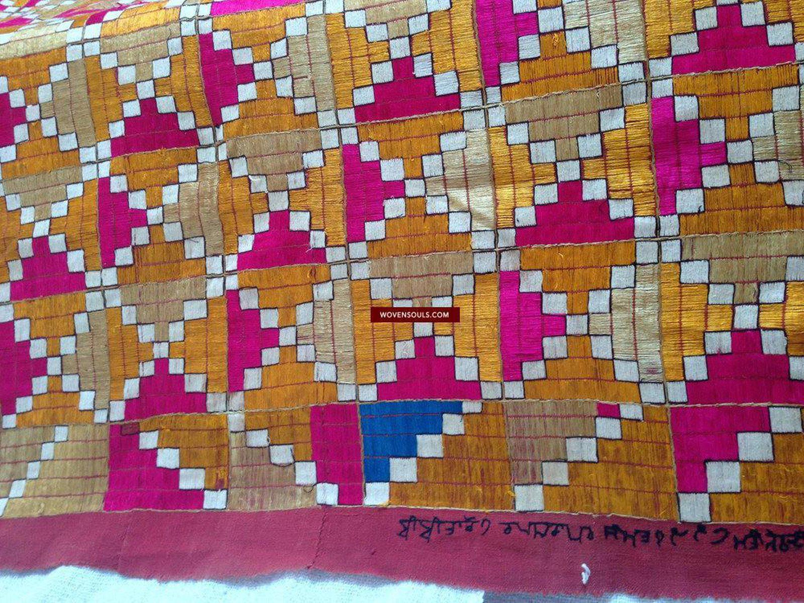 788 Rare Old Cowrie Shell Phulkari Bagh Textile with Blue-WOVENSOULS-Antique-Vintage-Textiles-Art-Decor