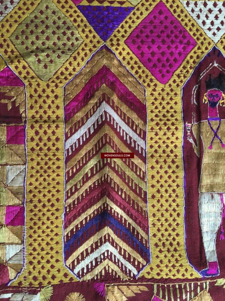 Grand Textile Indien Ancien Phulkari Brodé Main - Soie/coton - 264x132cm