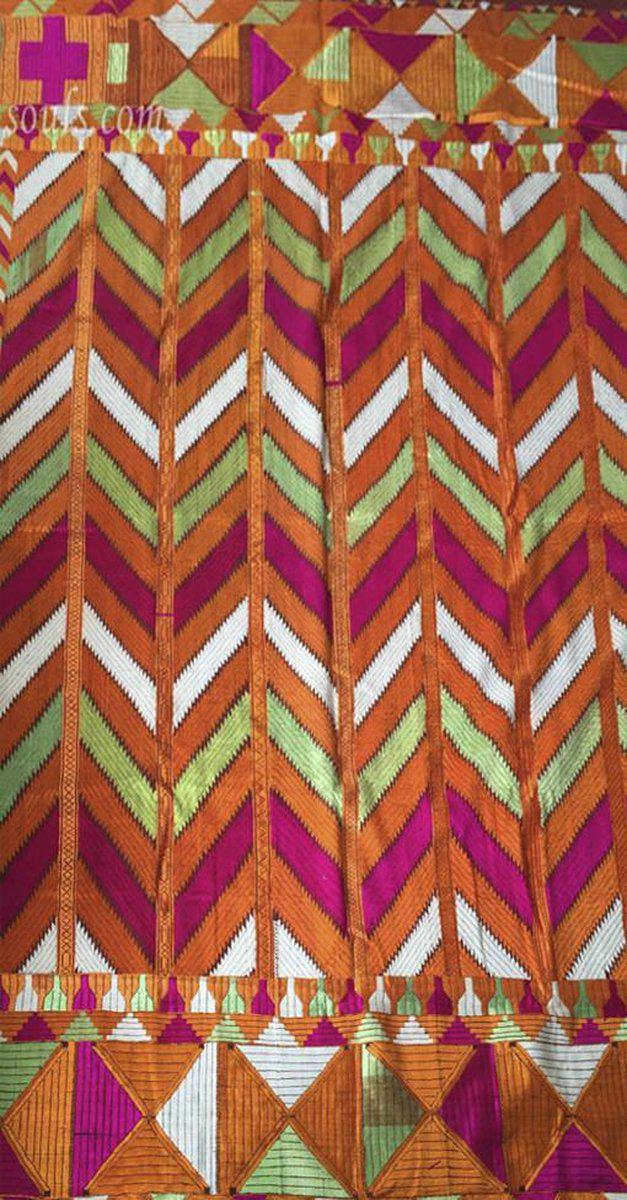 829 Lehariya Bagh Phulkari Silk Floss Embroidery Shawl from Punjab-WOVENSOULS-Antique-Vintage-Textiles-Art-Decor