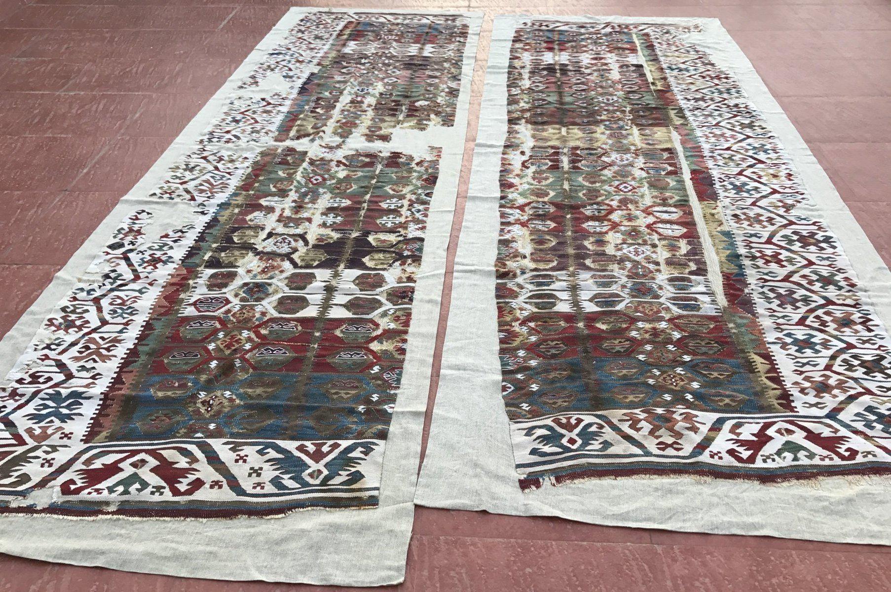 832 Pair of Antique Anatolian Kilim Mounted Fragments - Gorgeous White Borders - Gallery-2-WOVENSOULS-Antique-Vintage-Textiles-Art-Decor