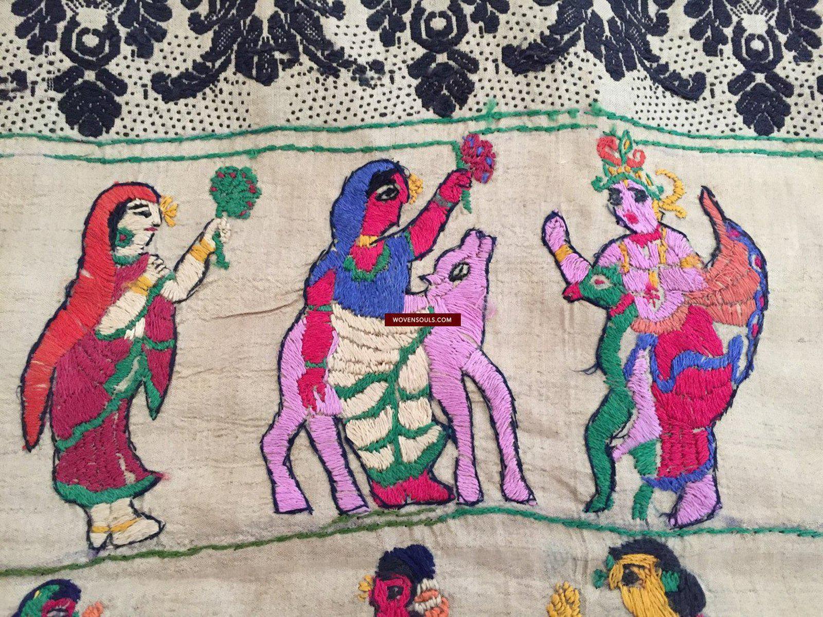 850 Rare Namawali Vrindavani Assam Vastra - Silk with Double Sided Embroidery-WOVENSOULS-Antique-Vintage-Textiles-Art-Decor