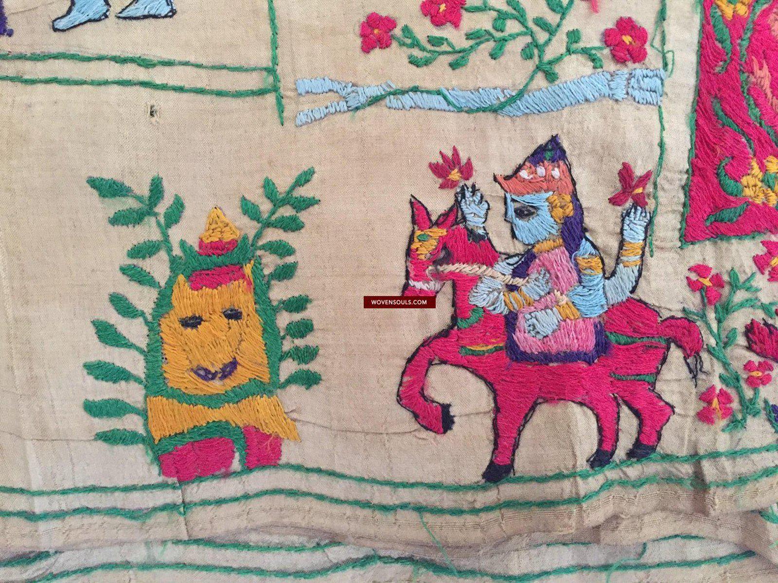 850 Rare Namawali Vrindavani Assam Vastra - Silk with Double Sided Embroidery-WOVENSOULS-Antique-Vintage-Textiles-Art-Decor